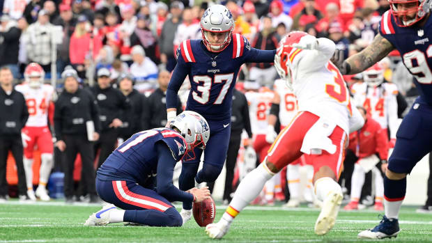 Patriots kicker Chad Ryland attempts a field goal.
